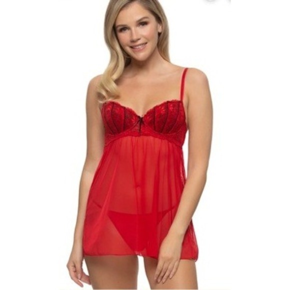 Jezebel Other - Jezebel Red Lace Underwire Babydoll Chemise and G-String Set Size Large 999562